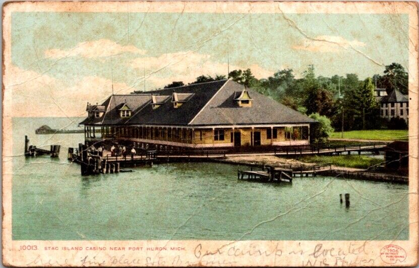 Vintage Postcard Stag Island Casino near Fort Huron Michigan MI 1906        R702