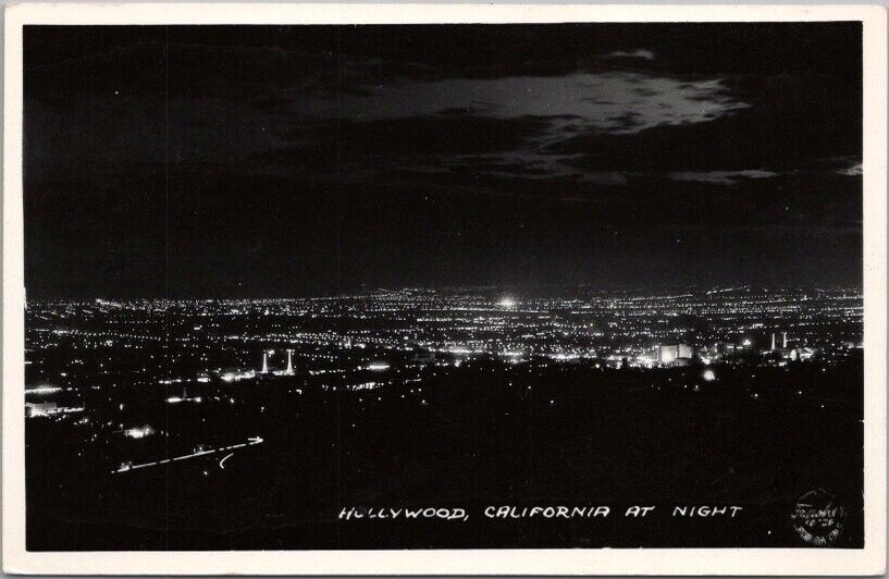 Vintage 1940s HOLLYWOOD California RPPC Real Photo Postcard Night View FRASHER