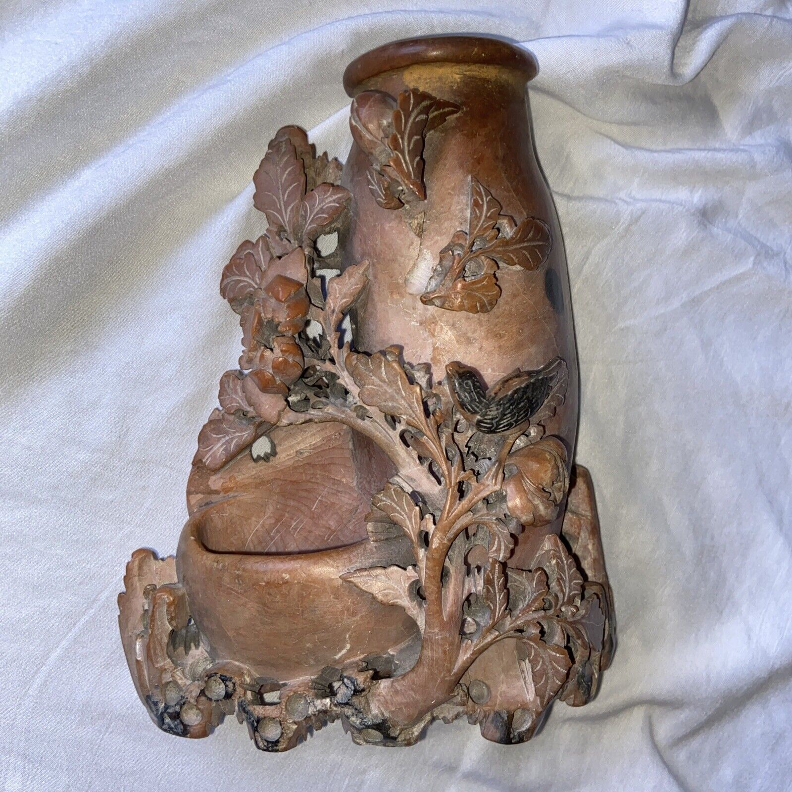 Vintage Chinese Hand Carved Soapstone Vase Incense Cone Holder