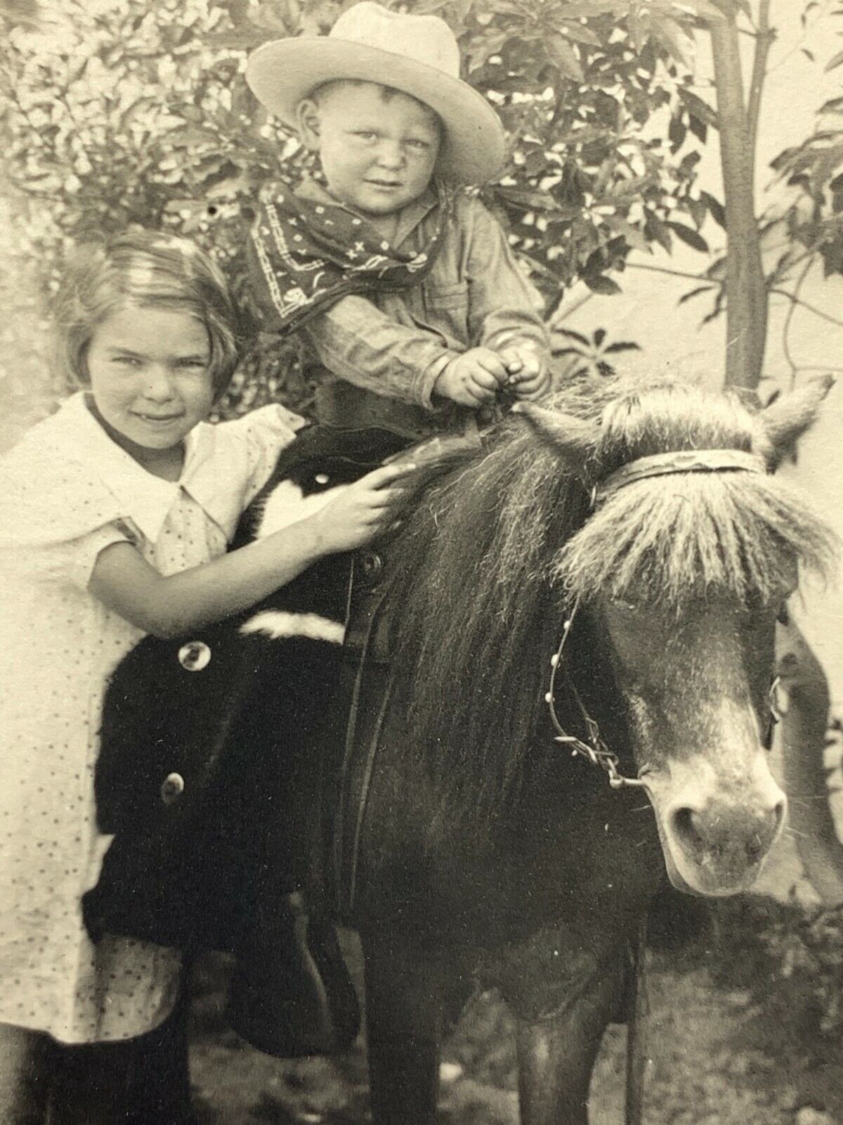 AgD) Found Photograph Boy Girl Pony Horse Cowboy 