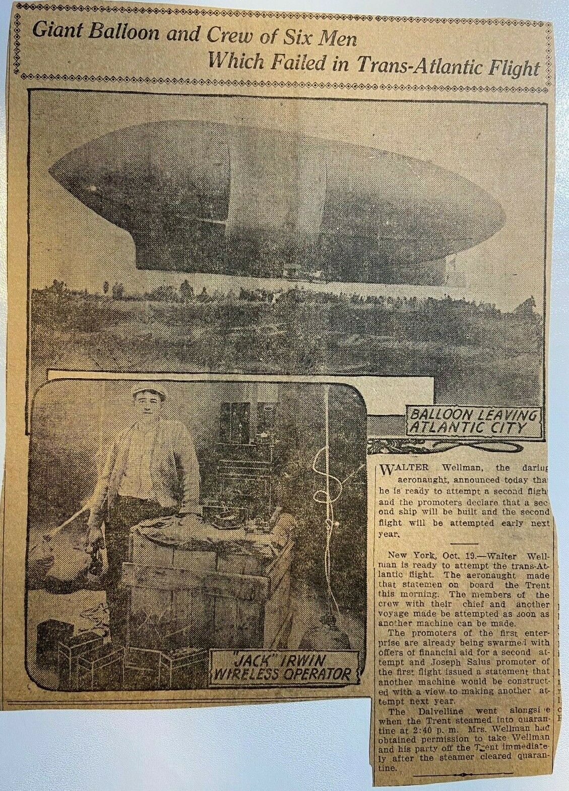 1910 Vintage Magazine Illustration Balloon Aviators Walter Wellman Jack Irwin