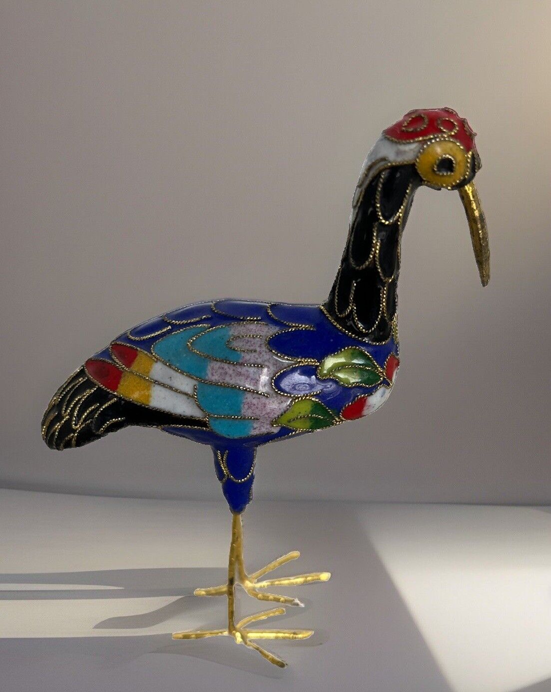 Vintage Colorful Cloisonné Enamel Crane Figurine. No Markings