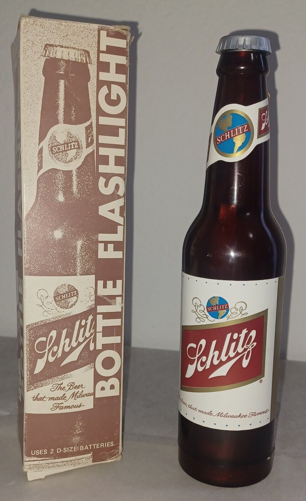Vintage Schlitz Beer Bottle Flashlight 1970 W/Original Box Works 