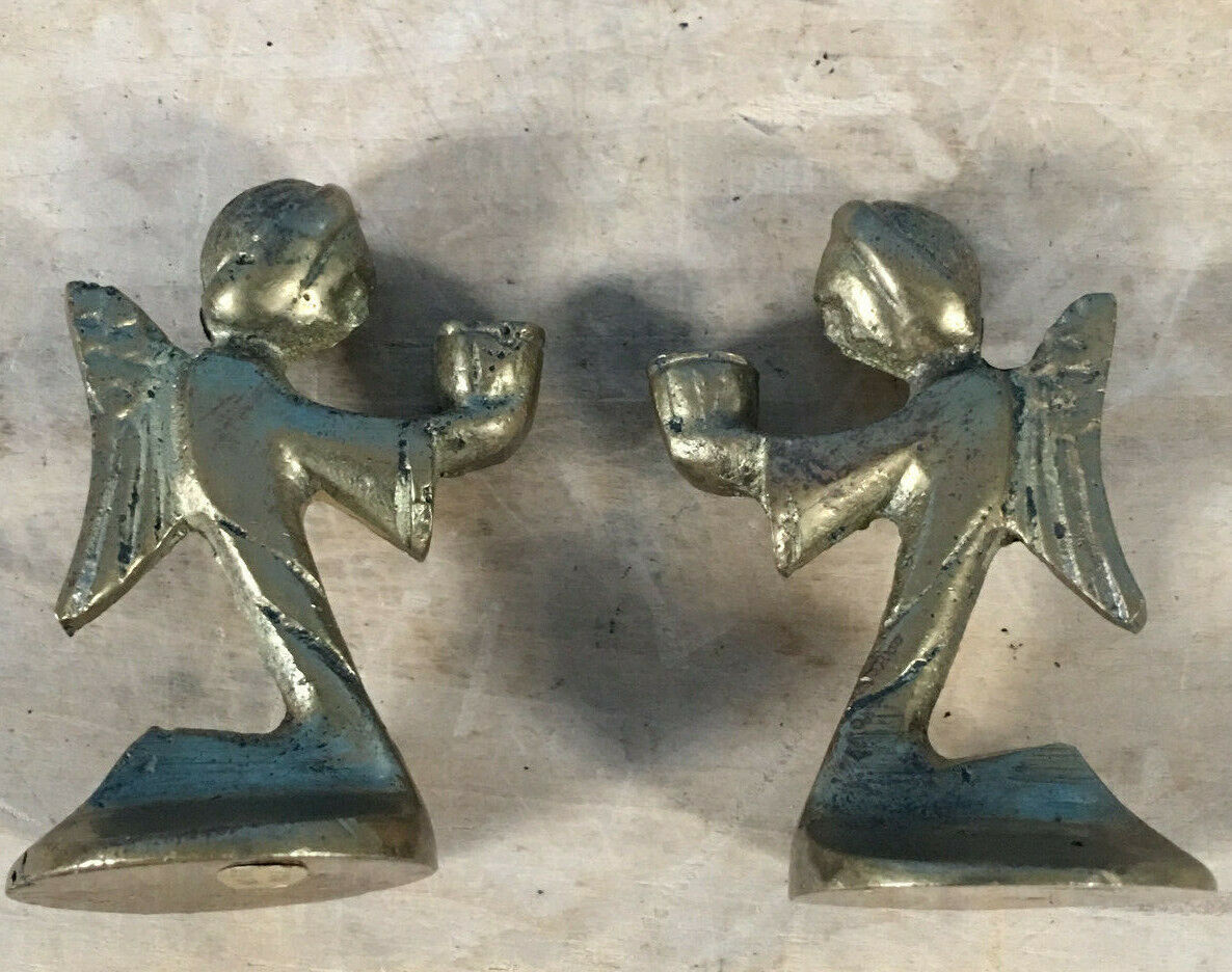 Vintage Pair Miniature Brass Kneeling Angel Candle Holders Made In Taiwan 2\