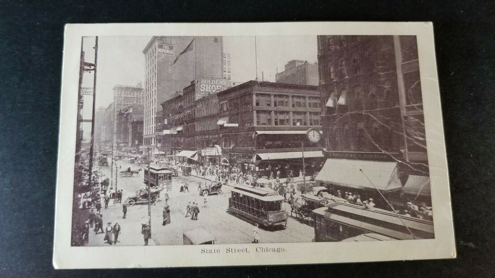 Antique 1909 Postcard STATE STREET SCENE Chicago Illinois STREET CAR Automobile