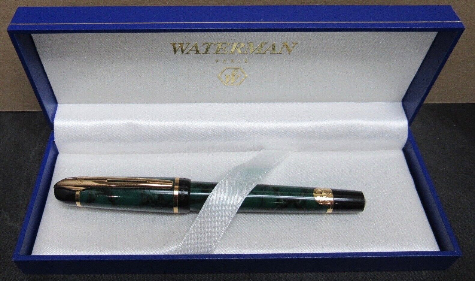 Waterman Paris Ballpoint Pen Marbled Green / Gold Trim Original Presentation Box