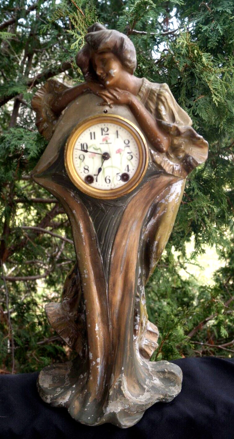 Antique 1870s Seth Thomas Movement French Figural Spelter Clock - ODDITY - RARE