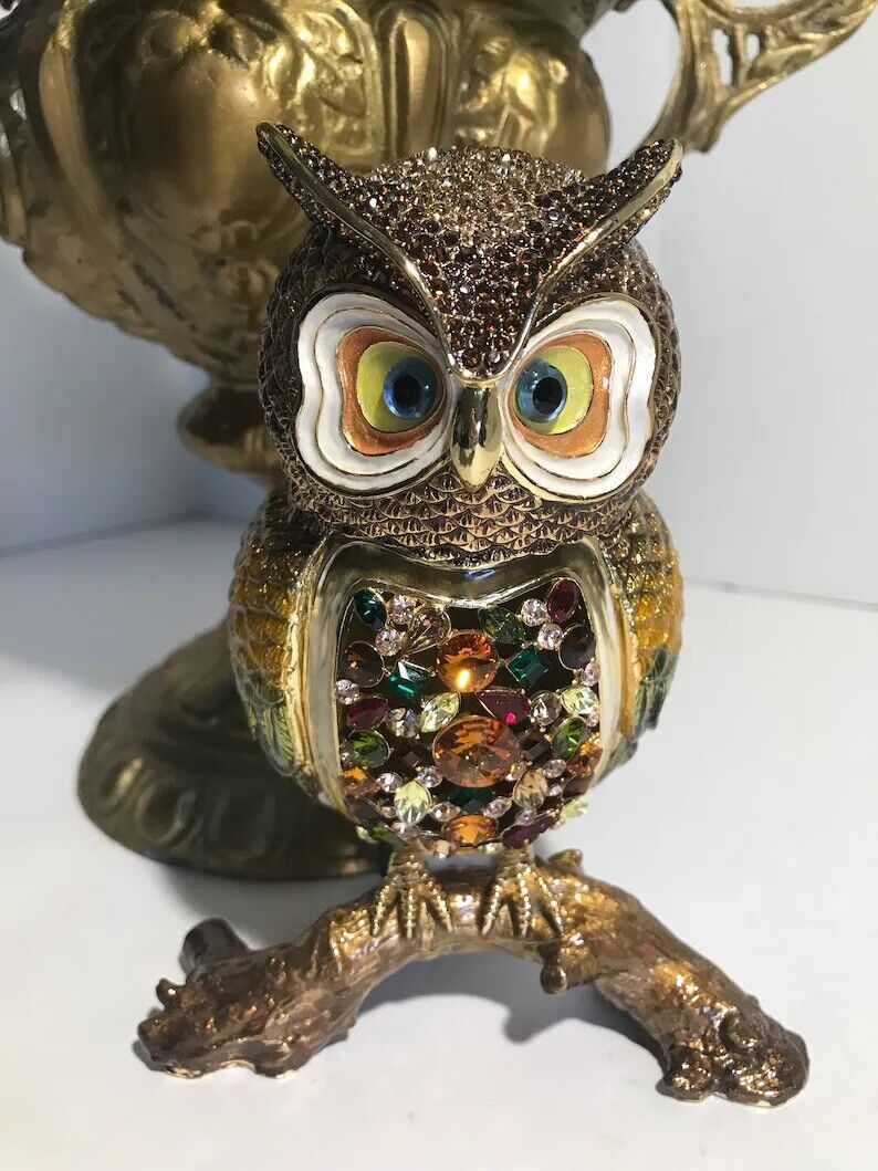 Rucinni large Swarovski crystal jeweled enamel owl trinket box