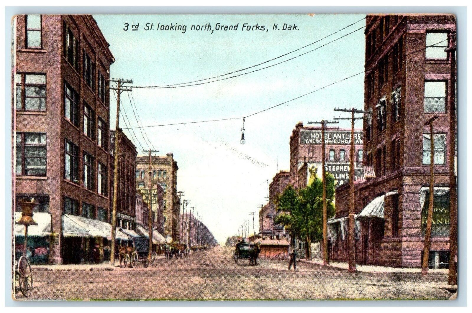 1908 3rd Street Looking North Street Carriage Grand Forks North Dakota Postcard