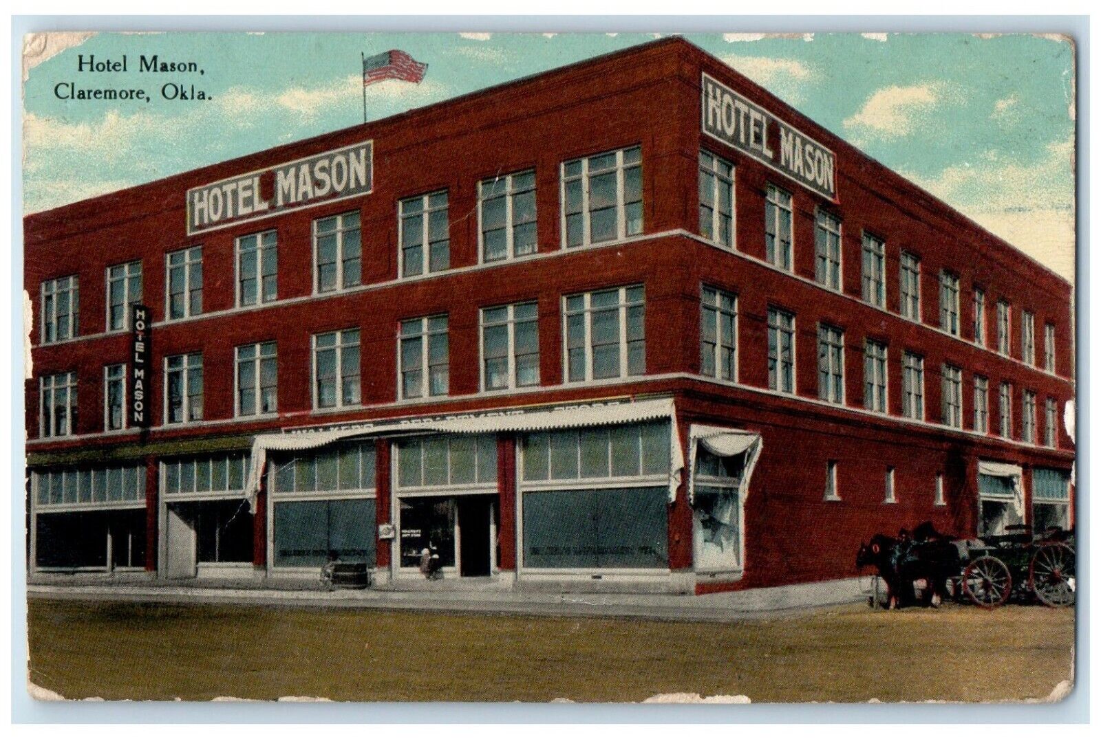 1914 Hotel Marson Building Horses And Wagon Claremore Oklahoma OK Postcard