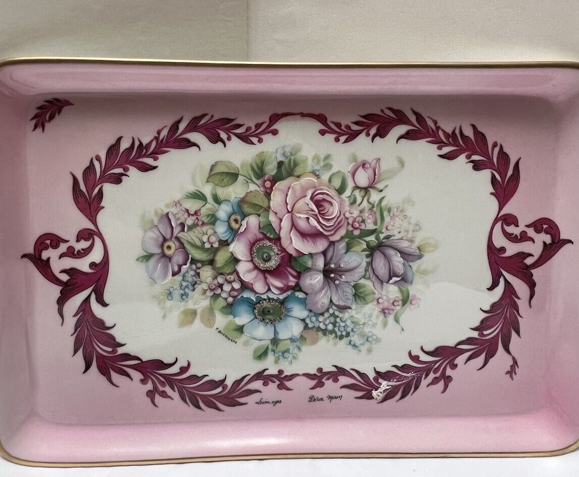 Limoges Porcelain  Hand Painted  Dresser Tray Floral, Gold Trim Signed Deca Maim