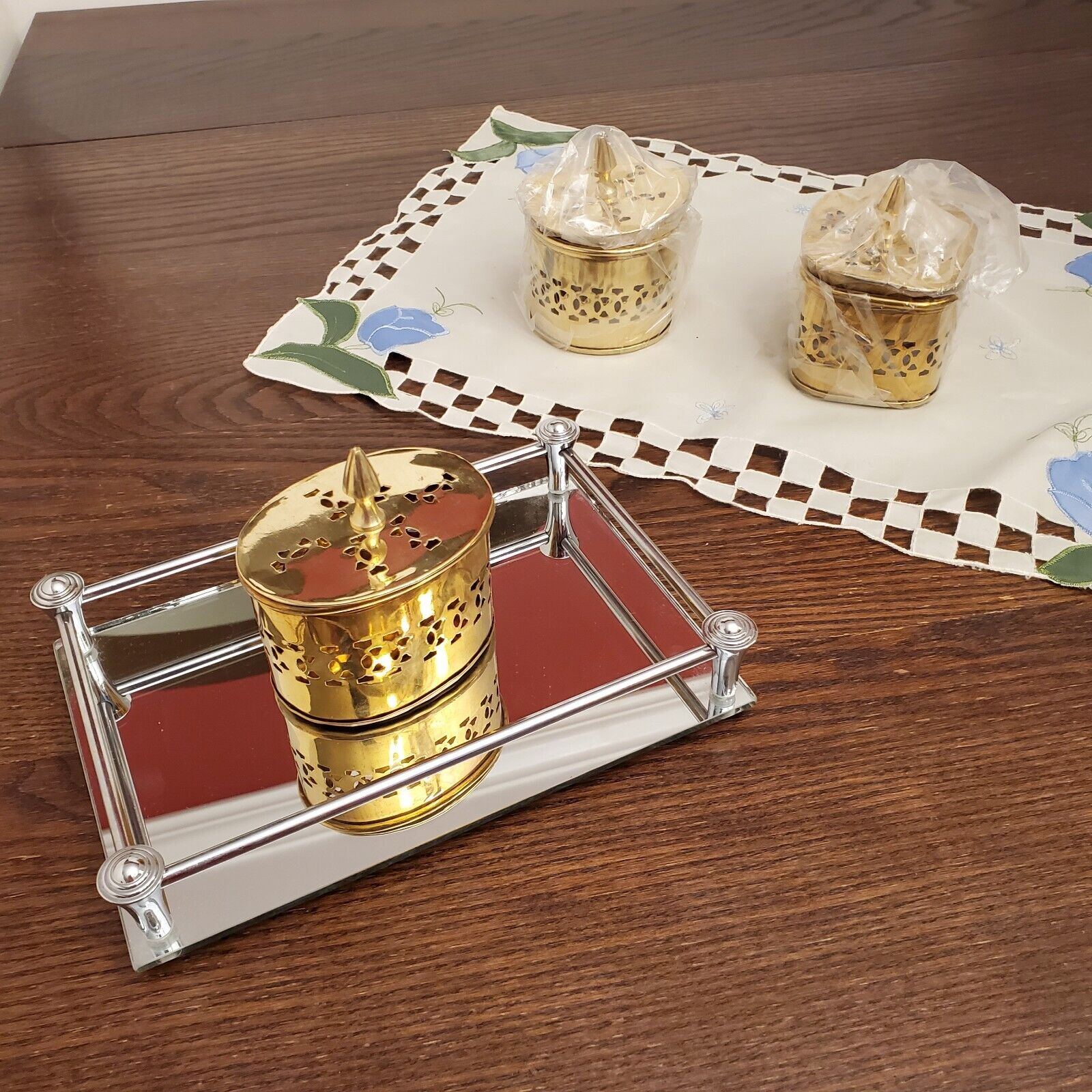 Vintage 3 Brass Footed Pierced Hinged Trinket /Altar Box NIB Made In India Set