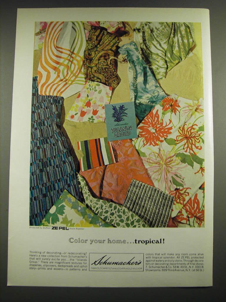1968 Schumacher\'s Islands Group Fabrics Ad - Color your home Tropical