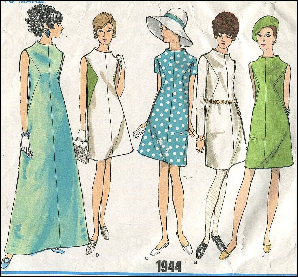 1960s Vtg Funnel Neck Inset Dress Vogue Basic Design 1944 Pattern Sz 10 B 32½