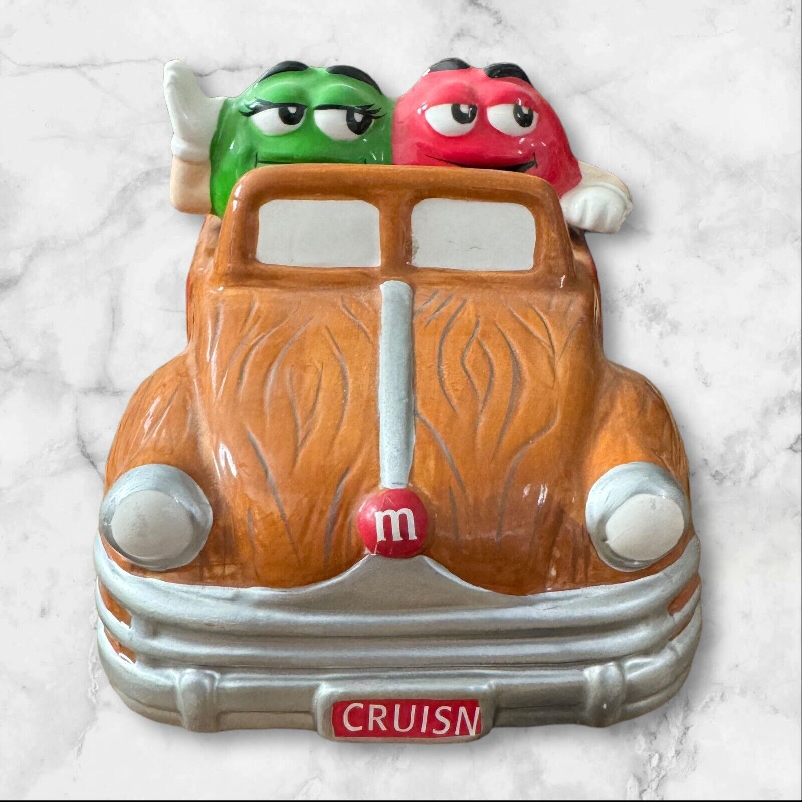 M&M\'s Ceramic Wood Panel Car Candy & Nut Dish Green & Red 2002 Galerie Mars