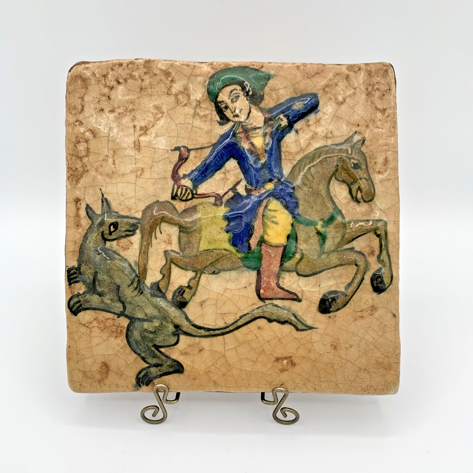 Antique Persian Tile Prince Parthian Archer Shooting Tiger Early 19th Century