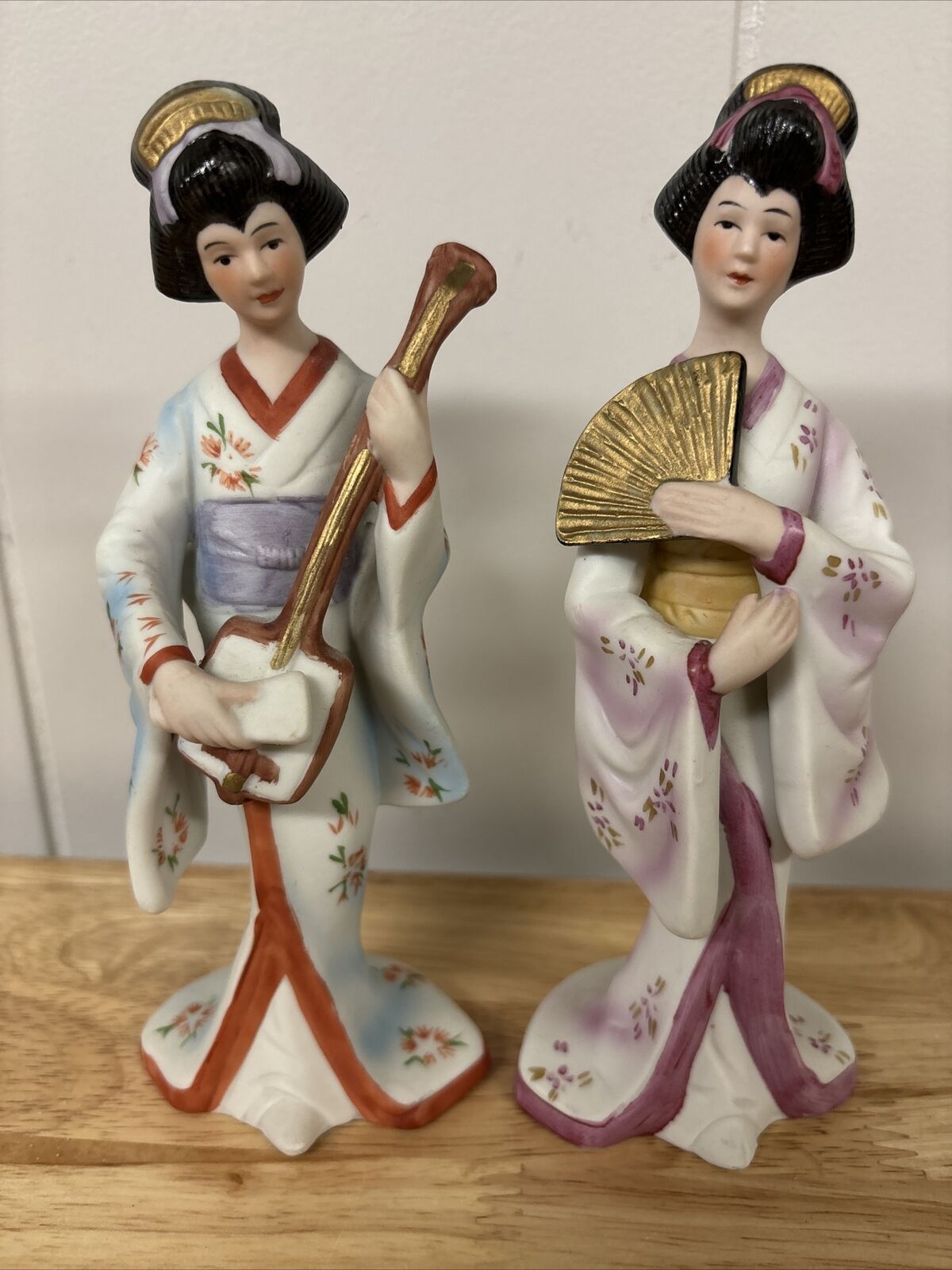 Vintage Capodimonte Porcelain Geisha Lady Figurines Asian Musicians Korea Two 7”