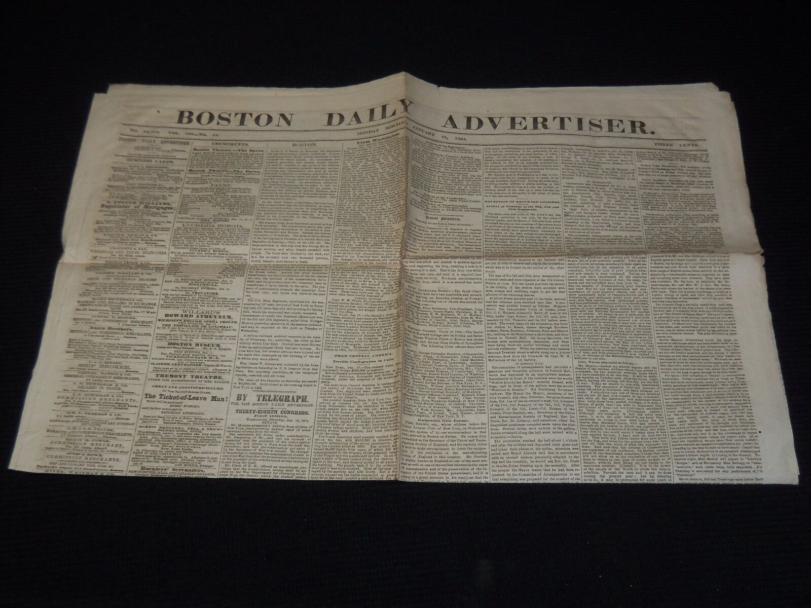 1864 JANUARY 18 BOSTON DAILY ADVERTISER NEWSPAPER - TRUMBULL REQUEST - NP 3878I