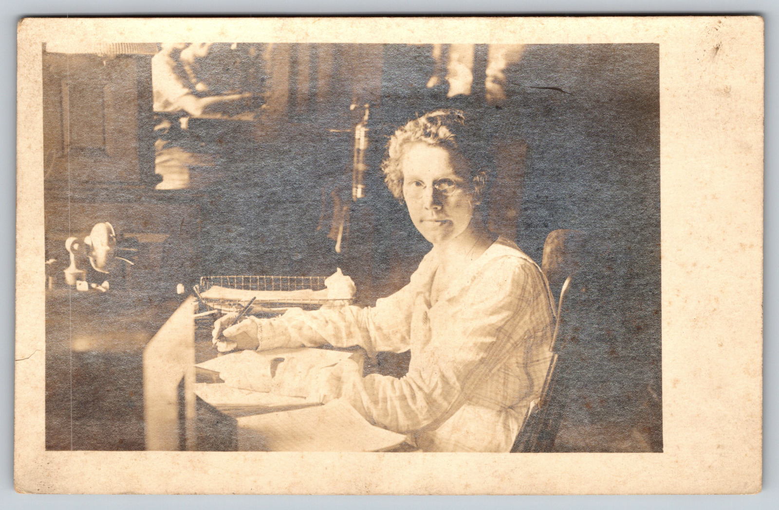 RPPC c1910s Lady Sitting At Desk Writing Candlestick Telephone Land LIne