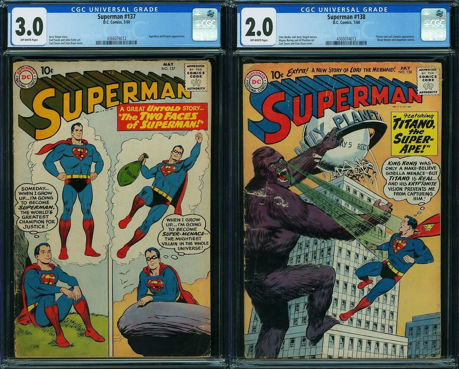 Superman #137 CGC 3.0 & #138 CGC 2.0 Silver Age DC Lot (Bruce Wayne, Superboy)