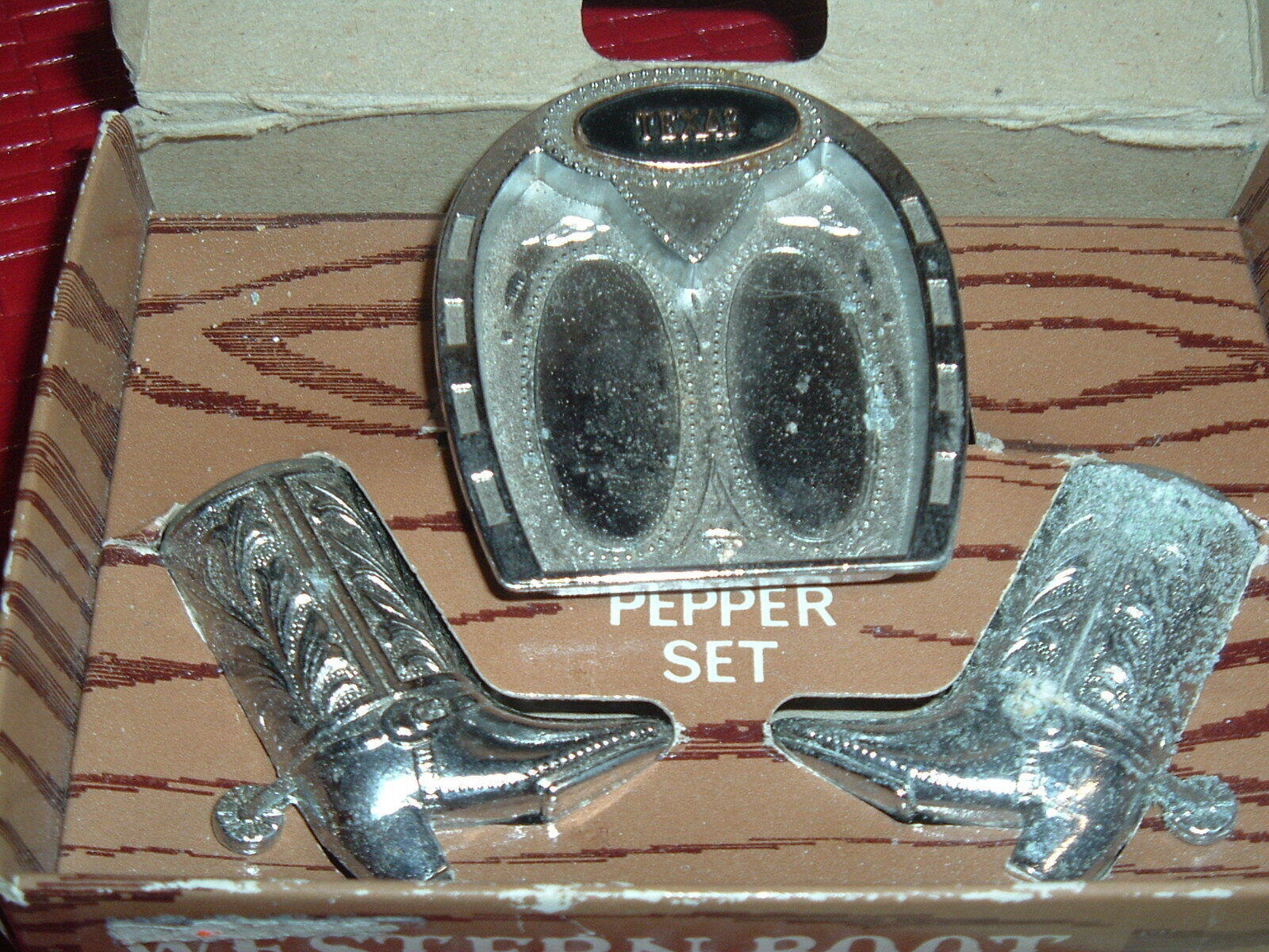 Vtg 70s Japan Western Texas Boots Salt & Pepper Shakers Tray Souvenir NIB #BD