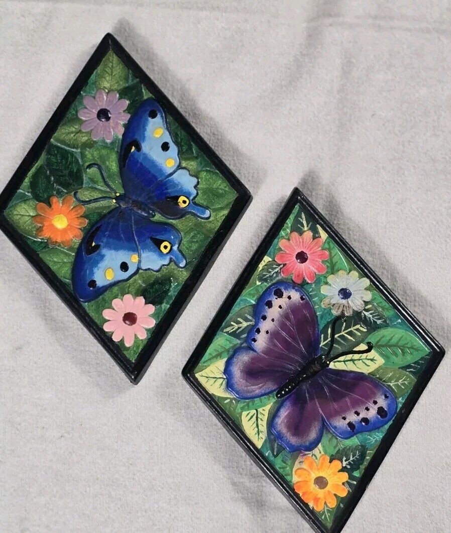 Vintage Butterfly Floral Plaster Chalkware Wall Art Hanging 2D Triangle 