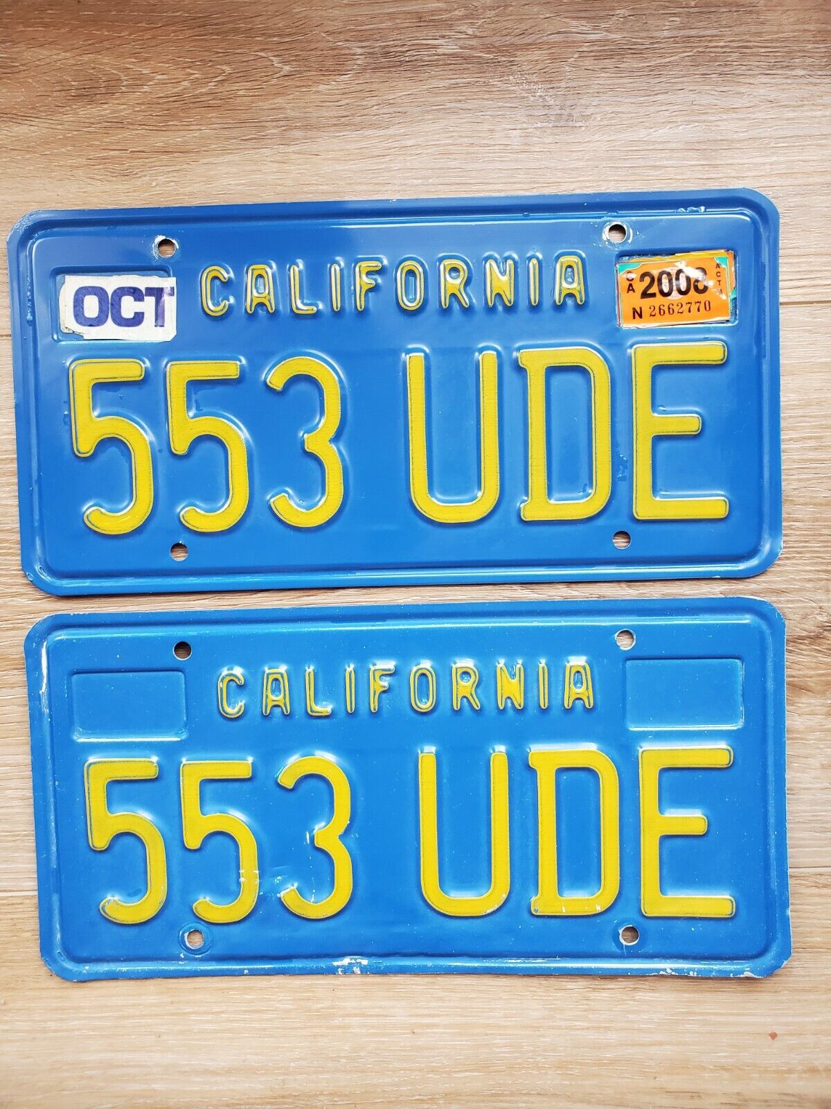1970s 80s California CA Blue License Plates Unrestored - PAIR “553 UDE” Cleared