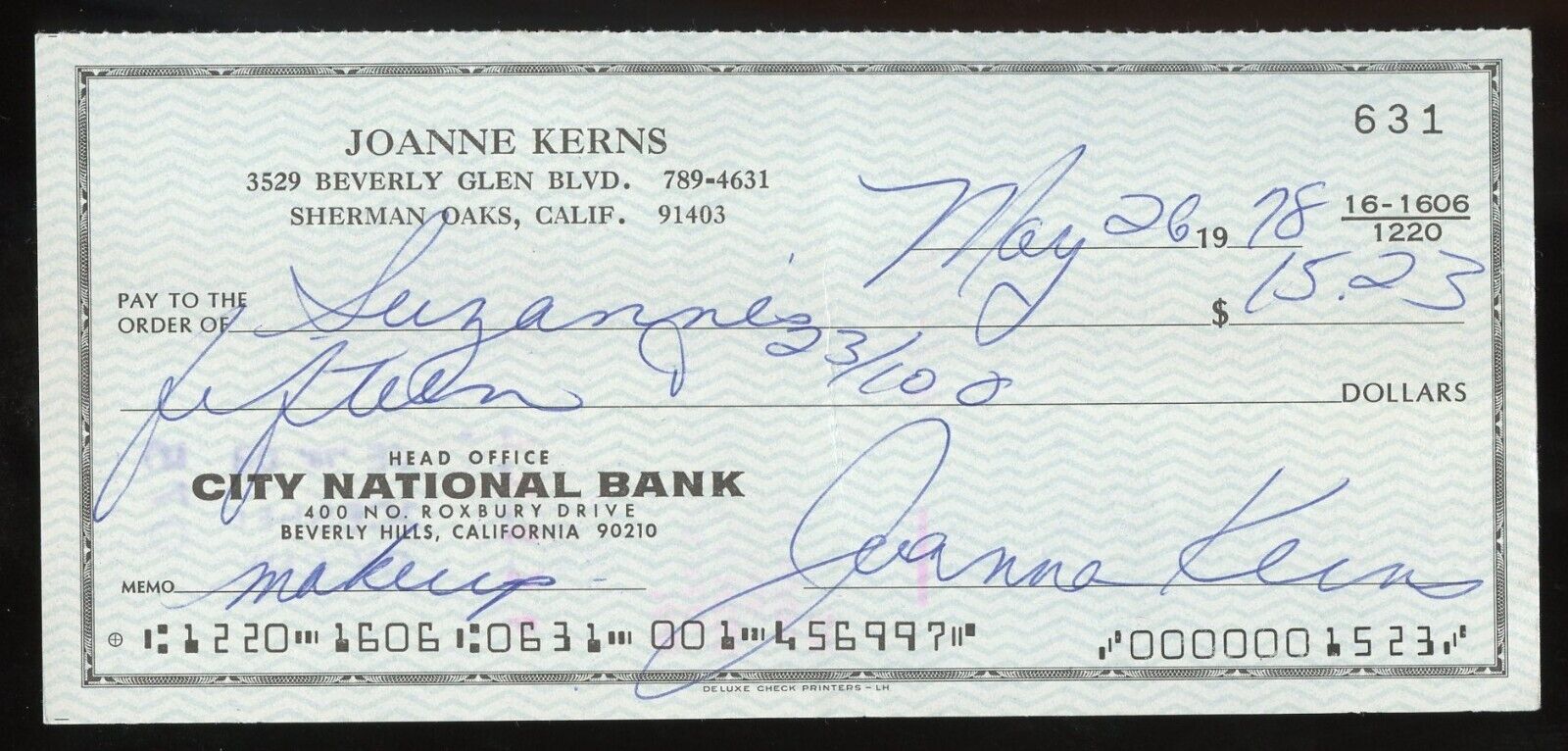 Joanna Kerns signed check American Actress as Maggie Seaver on Growing Pains
