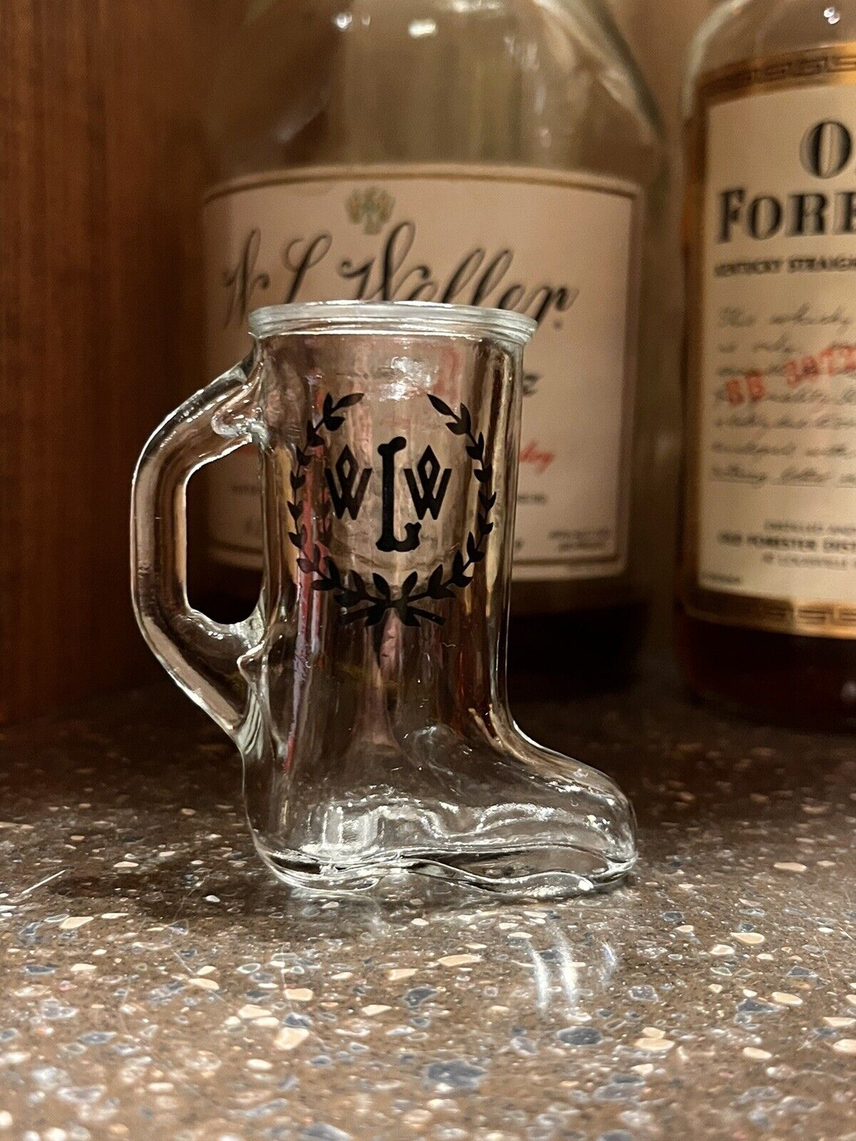 Vintage W.L. (William Larue) WELLER Bourbon Whiskey Boot Canada Shot Glass RARE