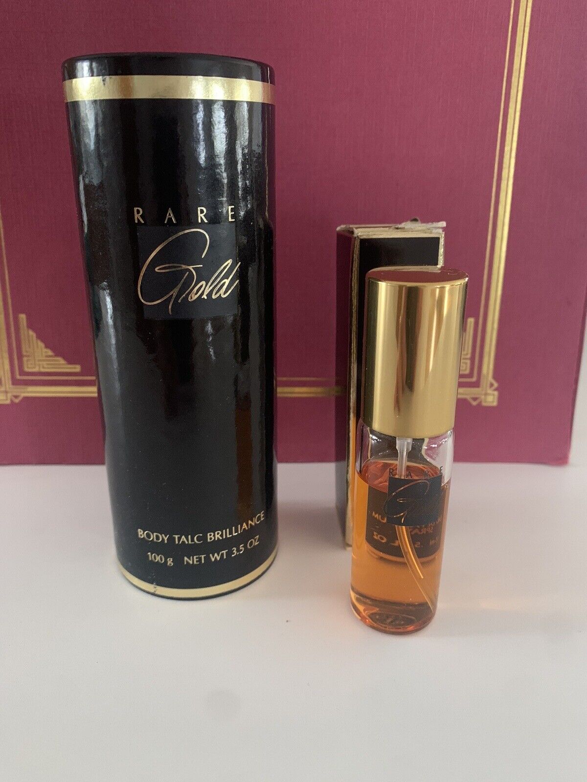 (2) Vintage Avon Rare Gold Perfume Spray .5 oz Plus Talc