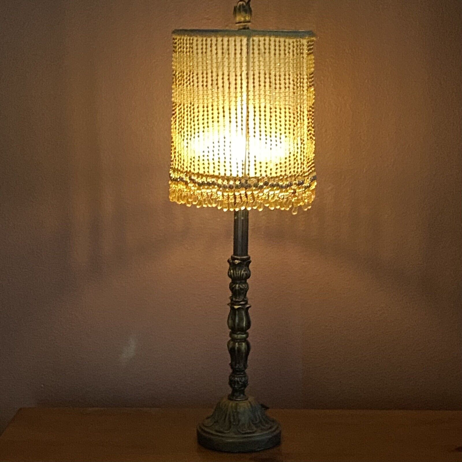 Vintage Victorian Art Deco table Lamp Shade Gold Beaded Tassel 