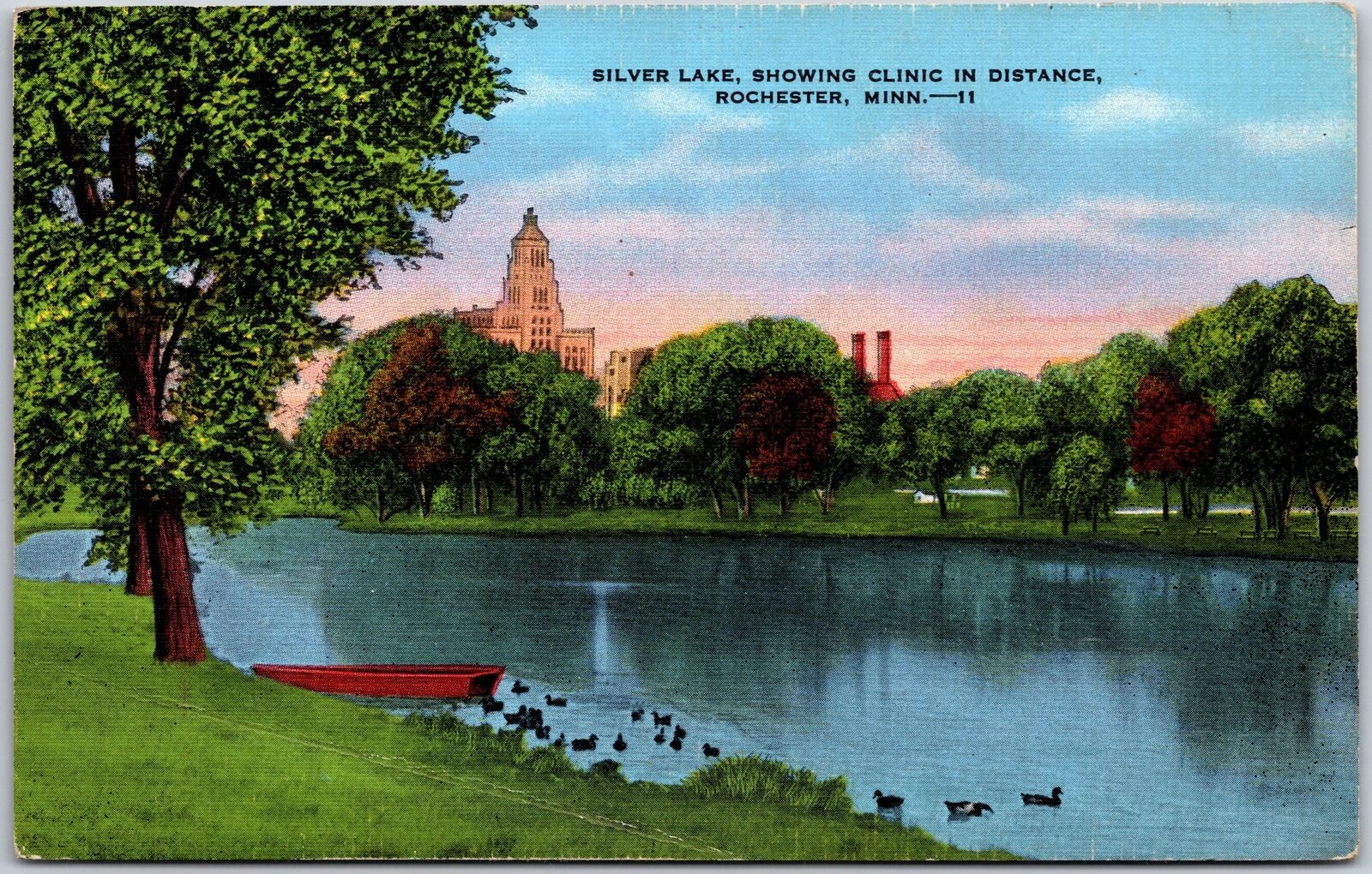 Silver Lake Showing Clinic In Distance Rochester Minnesota MN Trees Postcard
