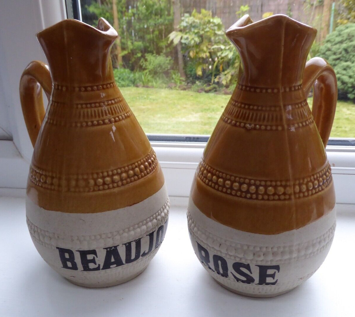 Pair of vintage French LML Limoges wine jugs, stoneware Beaujolais & Vin Rose