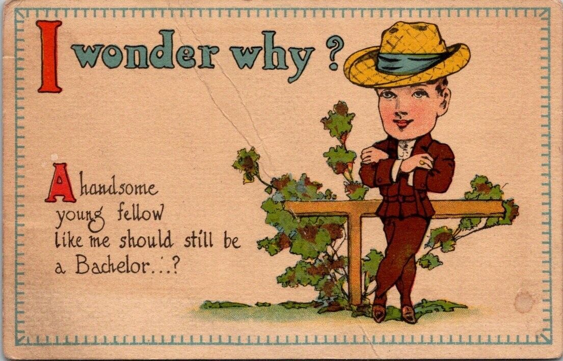 postcard 1916 cartoon i wonder why handsome man like me is bachelor Hat