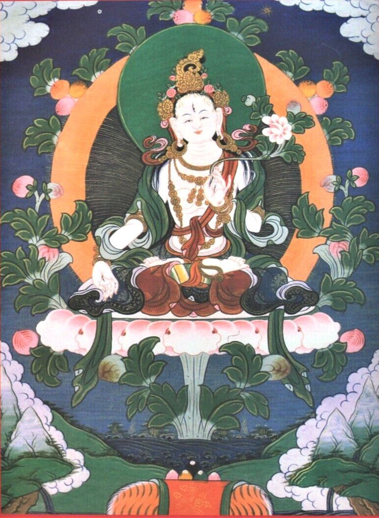 White Tara 16 in Printed on natural canvas, Thangka Tibetan traditions