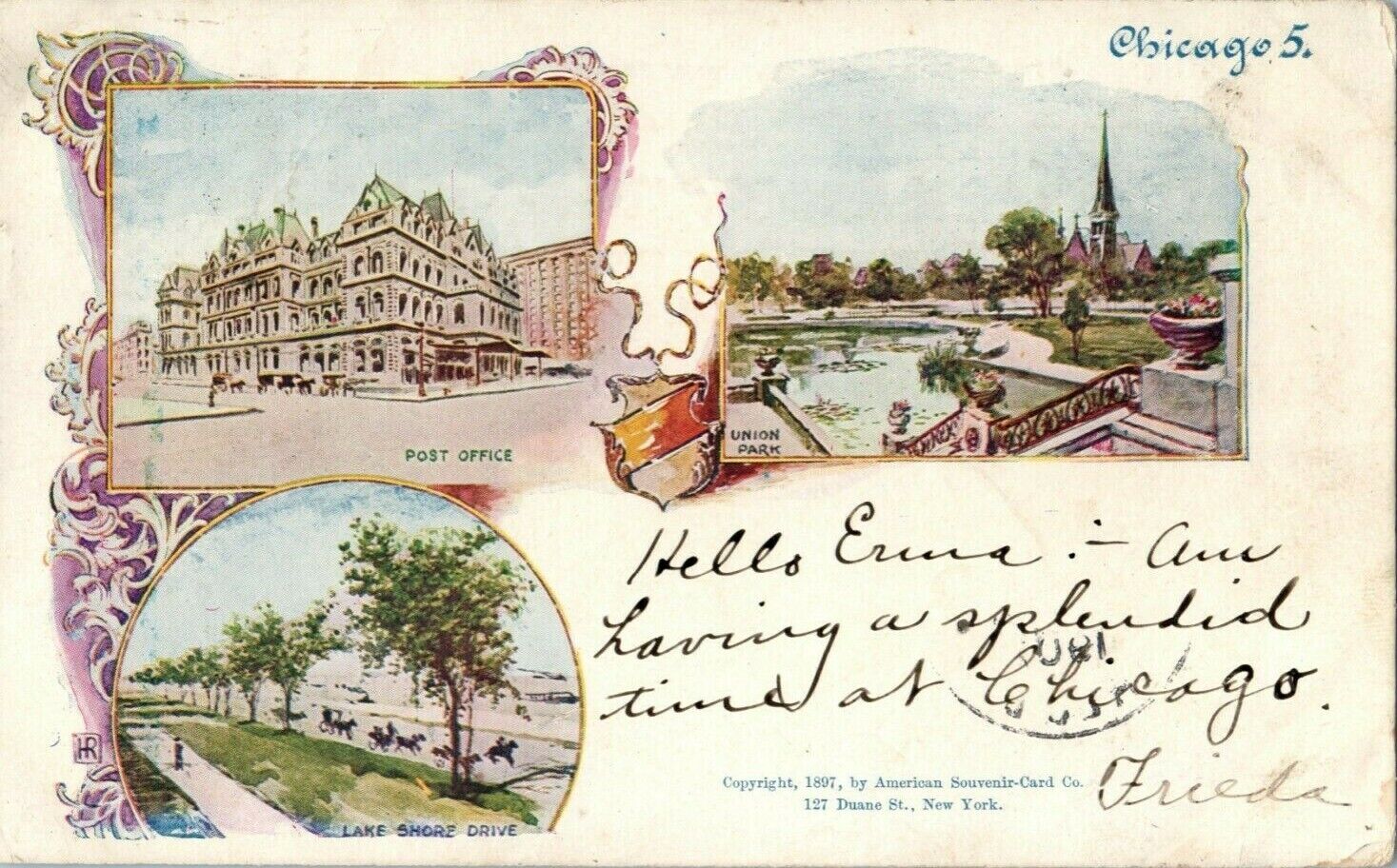 1897 Chicago Illinois Lake Shore Drive Union Park Post Office Souvenir Postcard