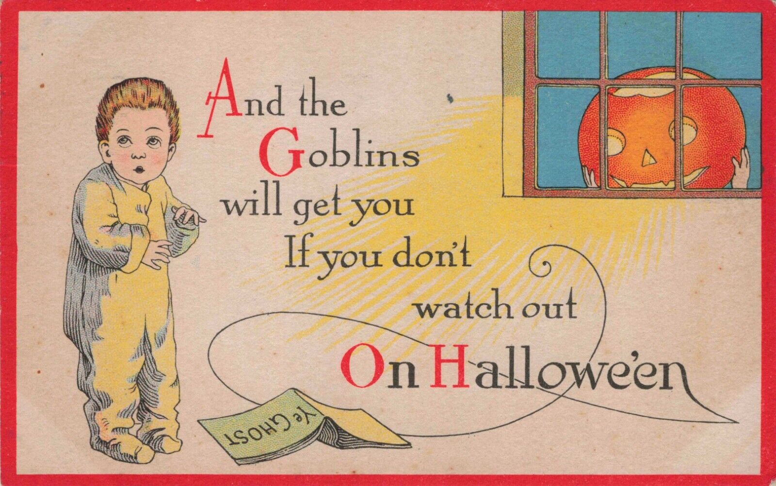 Vintage Halloween Scared Boy with Ghost Story Book JOL in Window Postcard