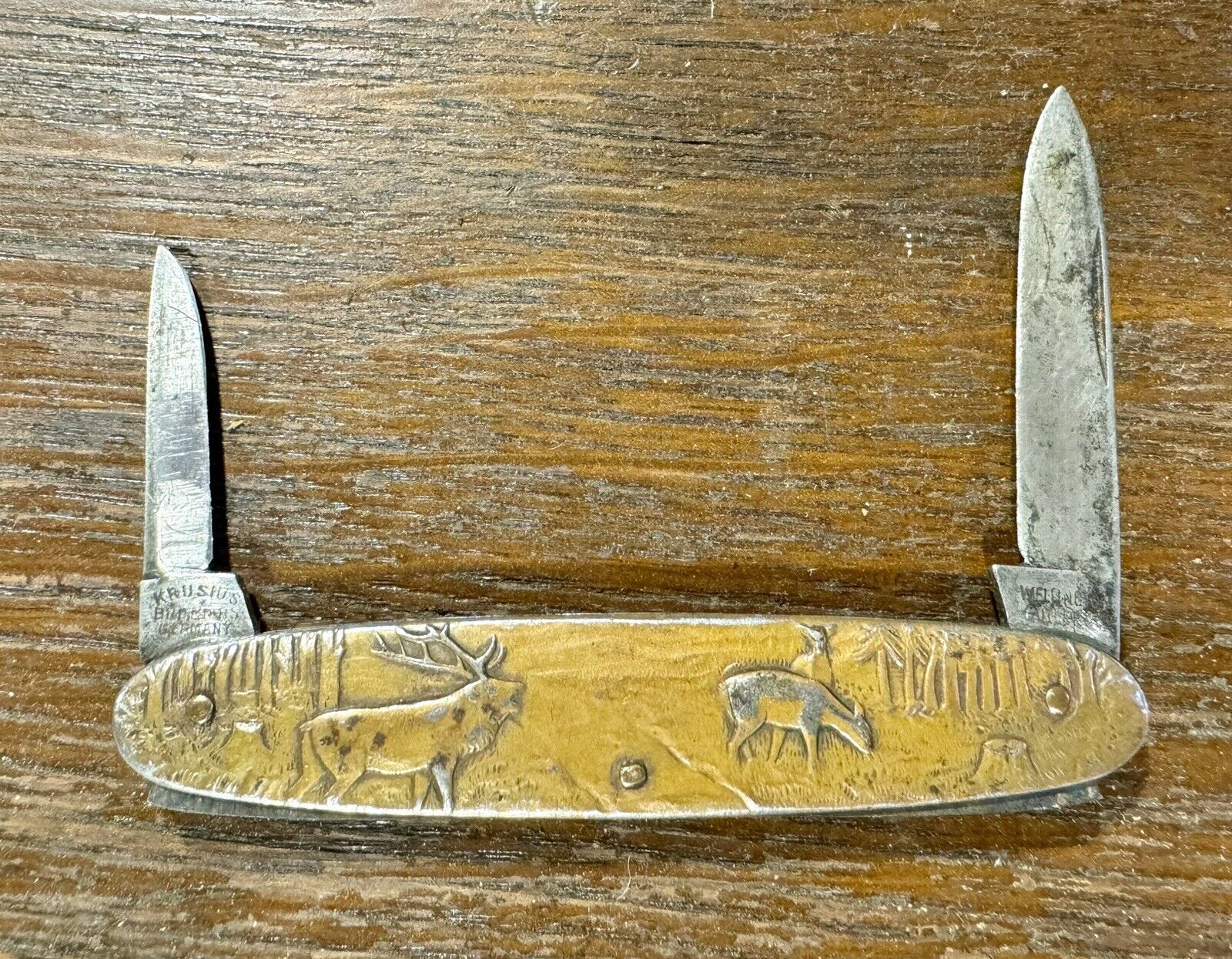 Vintage Krusius Brothers Germany 2 Blade Pocket Knife Embossed Stag Elk Forest