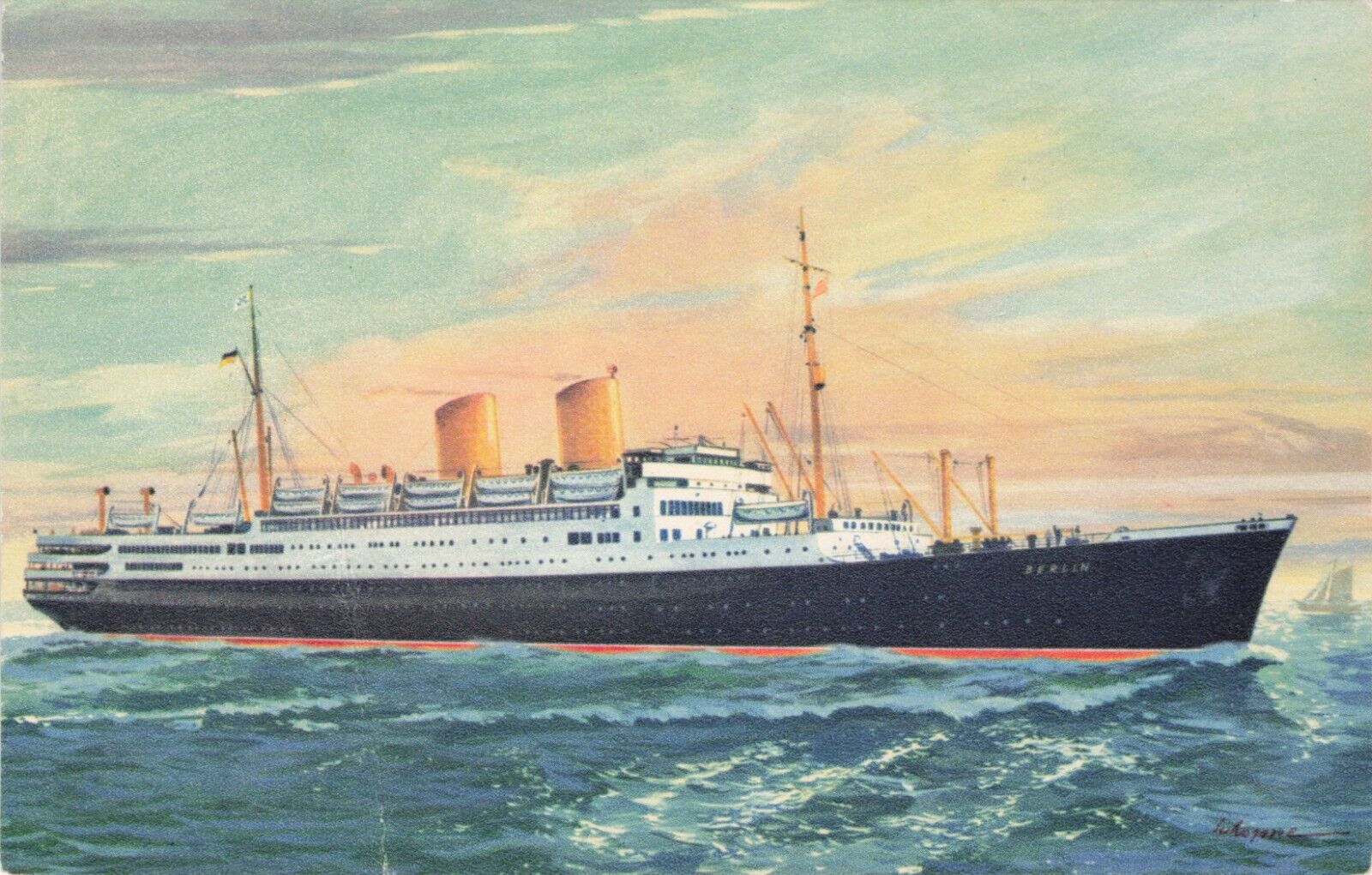 Vintage Postcard Artist Signed MS “Berlin” Nordeutscher Lloyd Ocean Liner 606