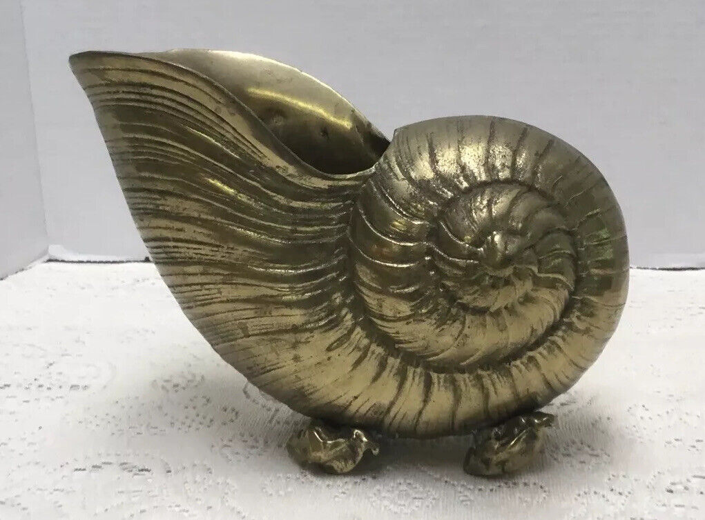 Vintage MCM Solid Brass Sea Shell Nautilus Planter - Footed - 3.2lbs