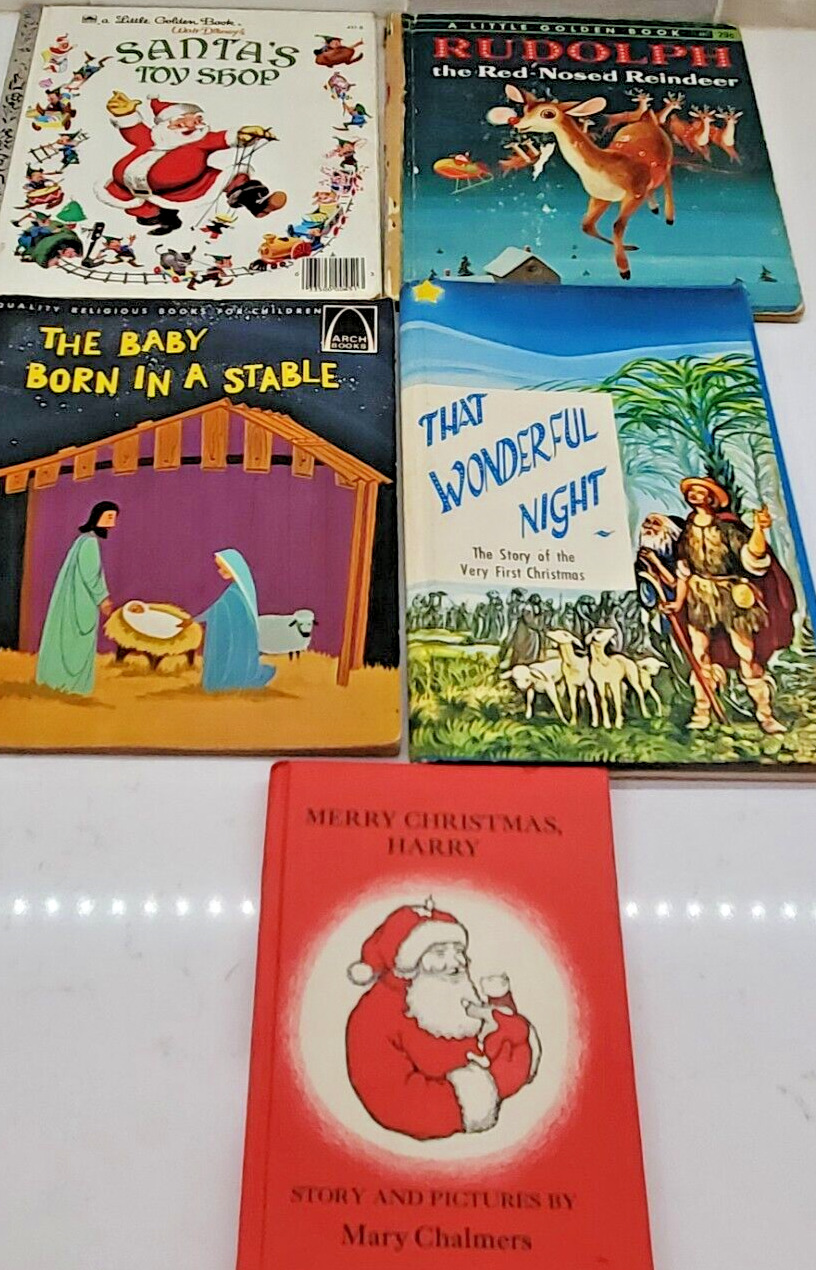 Vintage First Edition Christmas Holiday Children Books Bookshelf Santa Christian