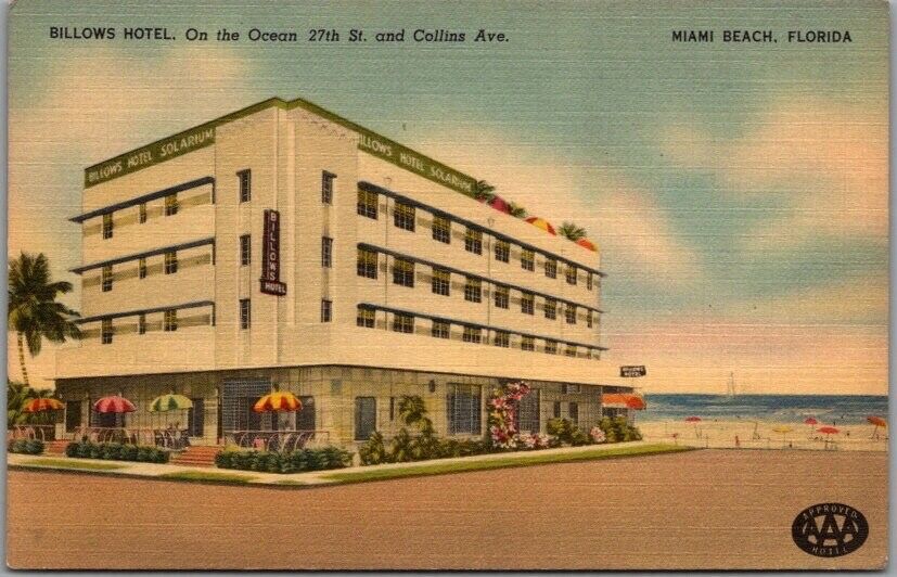 1940s Miami Beach, Florida Postcard BILLOWS HOTEL Collins Ave / Ocean View Linen