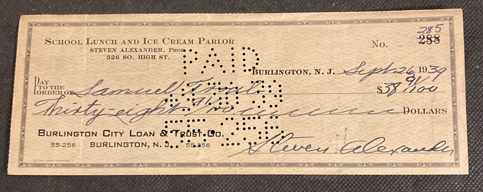 School Lunch and Ice Cream Parlor Vintage 1939 Bank Check Burlington, NJ