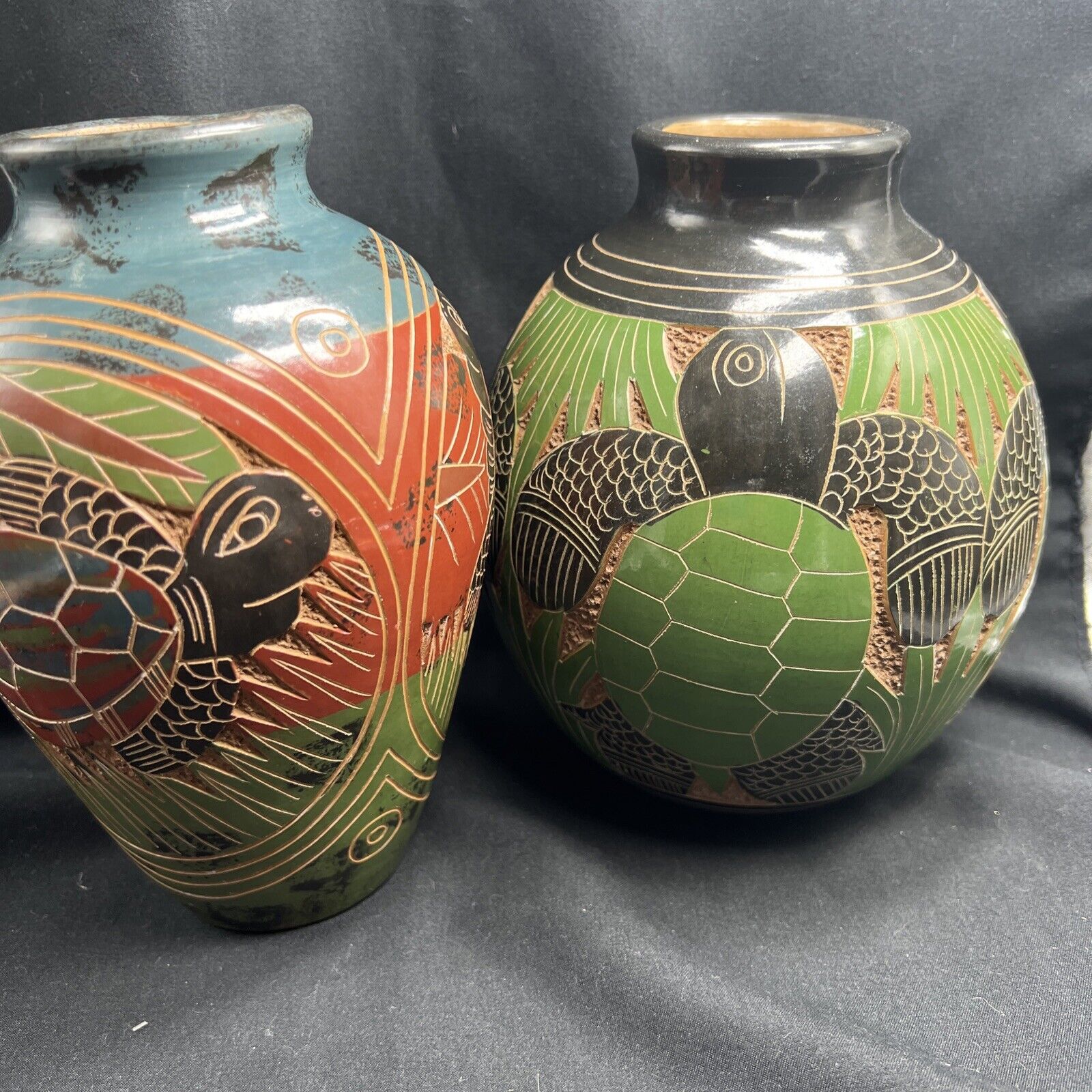 Two Hand Carved Turtle And Fish Vases
