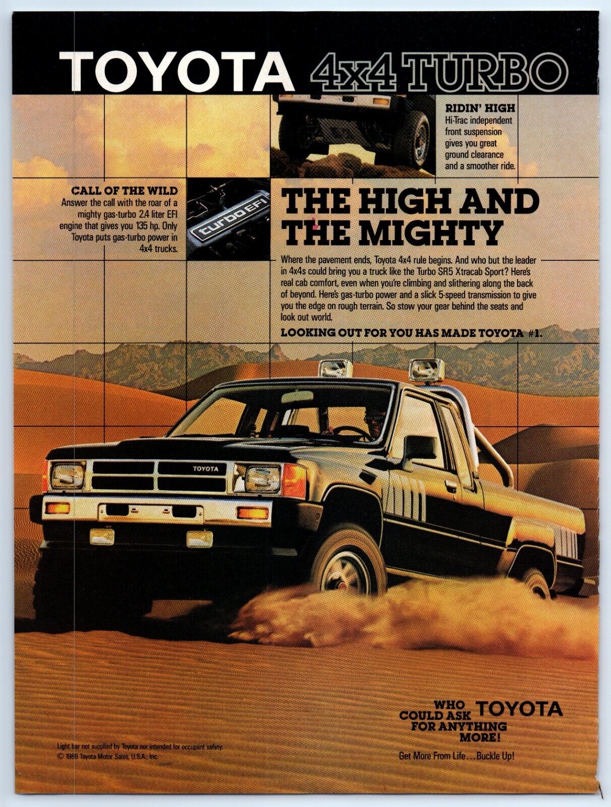 Toyota 4X4 Turbo High And Mighty Pickup Hi-Trac Desert 1987 Print Ad 8\