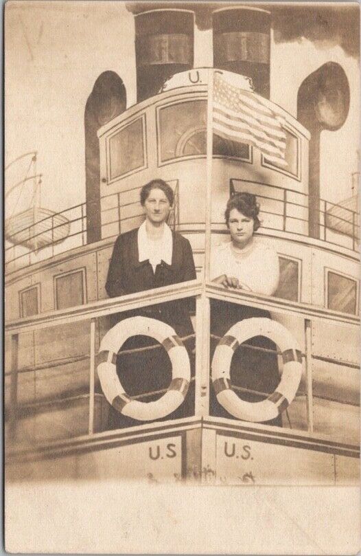 c1910s RPPC Real Photo Postcard Two Young Ladies on Studio \