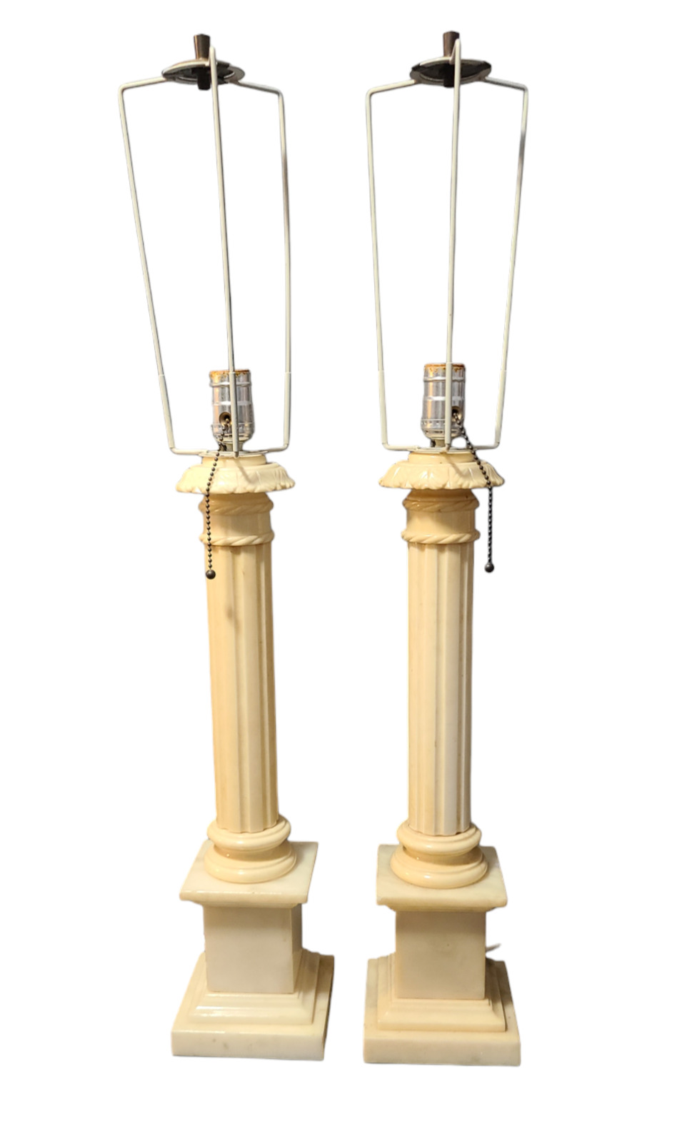 Vintage Pair of Neoclassical Carved Marble Greek Column Banquet Table Lamps