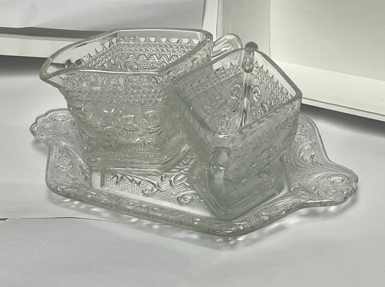 Vintage Indiana Glass Cream & Sugar Set w/ Tray Sandwich Glass Diamond Shape