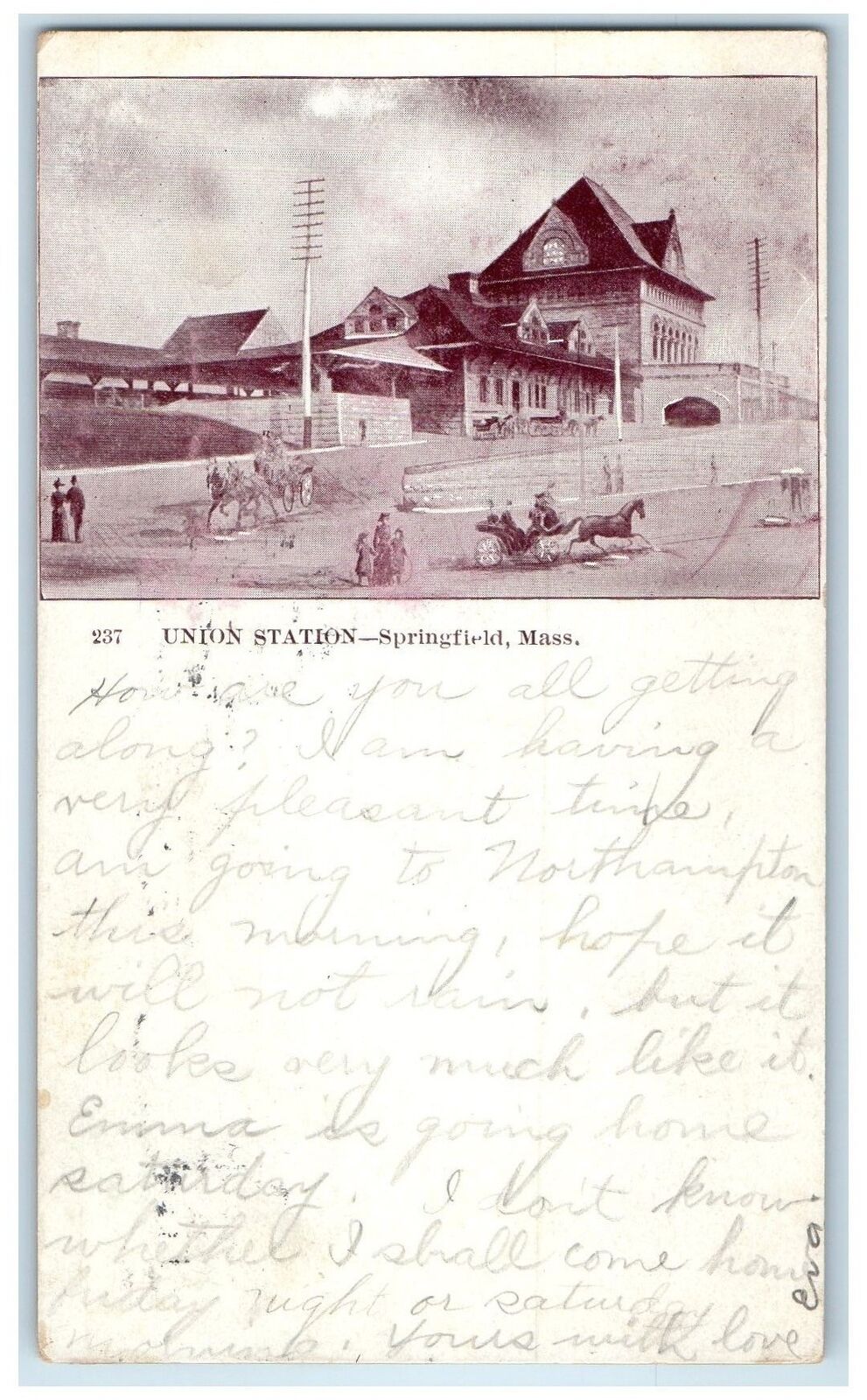 1904 Union Station Exterior Springfield Massachusetts MA Posted Horses Postcard