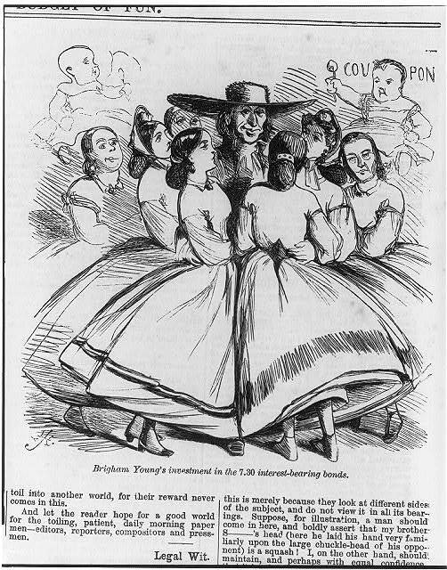 Brigham Young\'s investment,Caricature,Mormon polygamy,adoring wives,1865